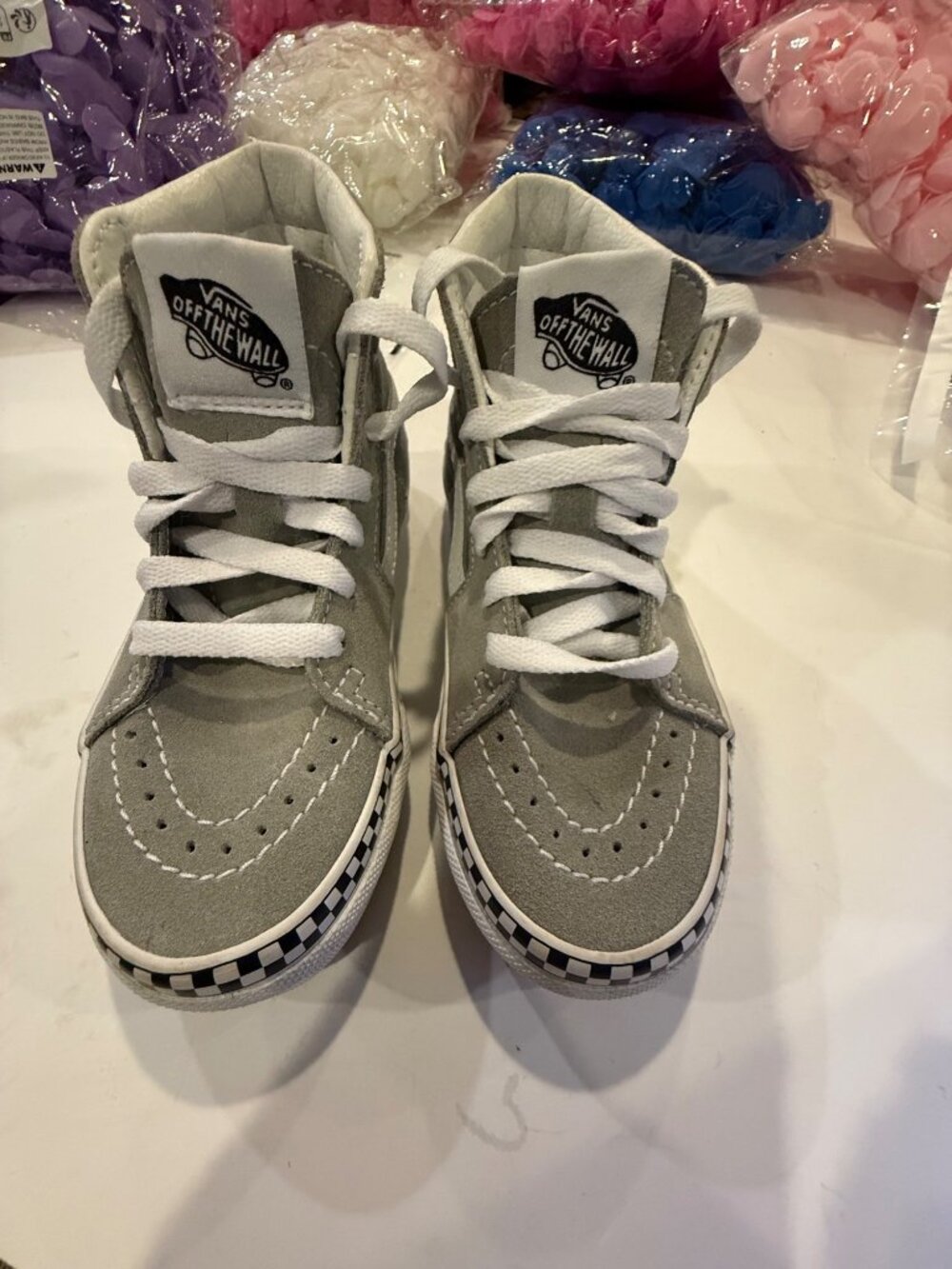 Vans Kids Gray High-Top Sneakers With White Laces & Checkerboard Sole Size 12.0